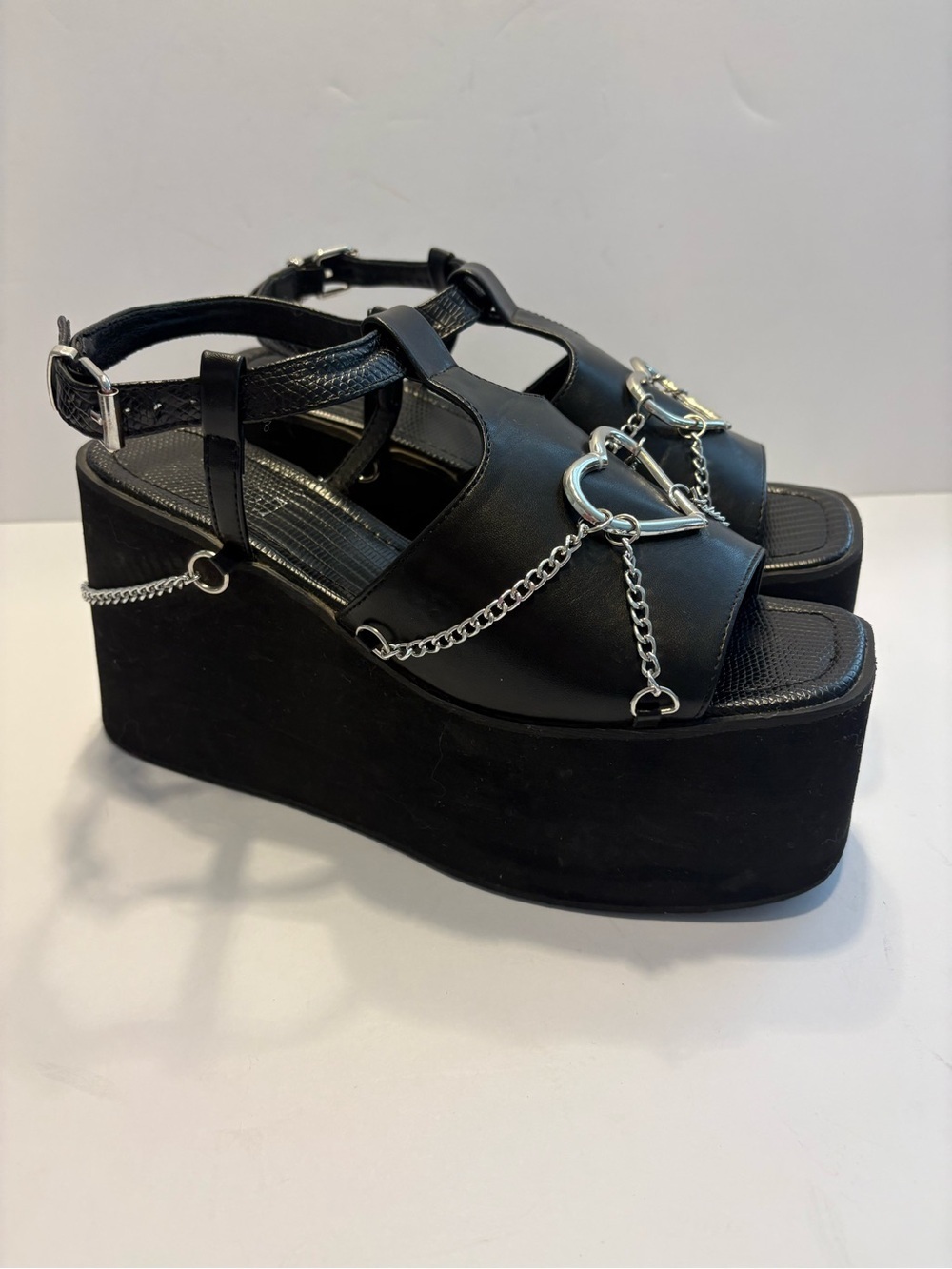 Heart Hardware Chain Wedge Platform Sandals Black Gothic, Grunge, Punk Sz 8